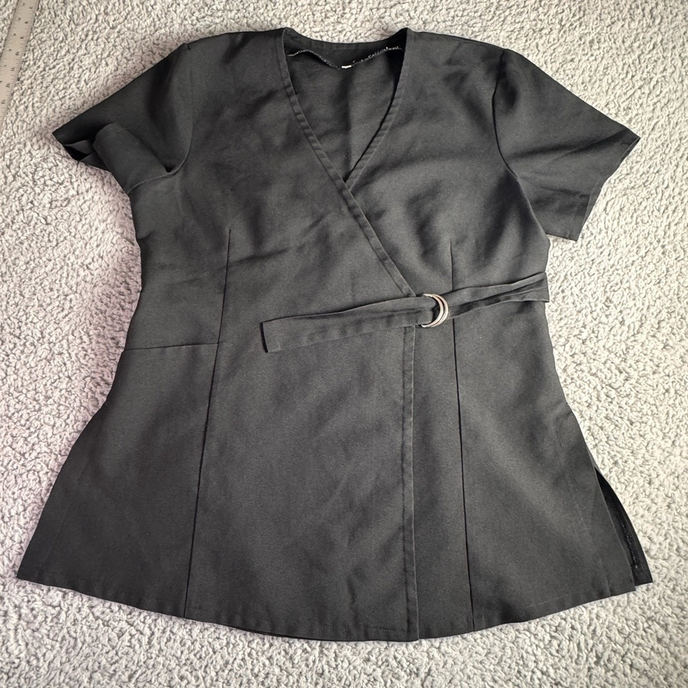 Women's Mock Black Wrap Belted Scrub Top Short Sleeve Size Small